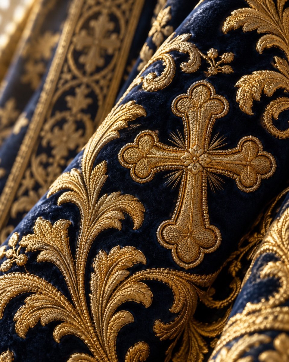 Illustrative detail of gold embroidery on navy fabric